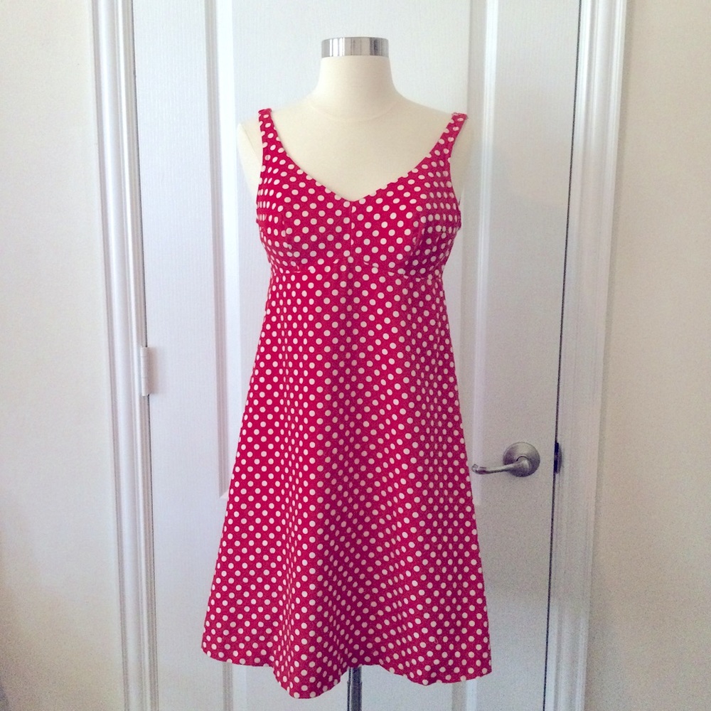Vintage 1960s 1970s Red Polka Dots Summer Empire Dress Low Back Sz XS S